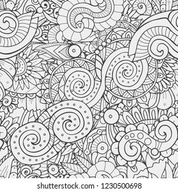 Abstract seamless zentangle pattern in adult coloring book style.