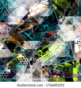 Abstract seamlesse urban pattern. Geometric grunge background with across curved line, arrow, triangles. Grungy style wallpaper. Geometric repeated backdrop for boy, sport textile, clothes.