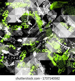 Abstract seamlesse urban pattern. Geometric grunge background with across curved line, arrow, triangles. Grungy style wallpaper. Geometric repeated backdrop for boy, sport textile, clothes.