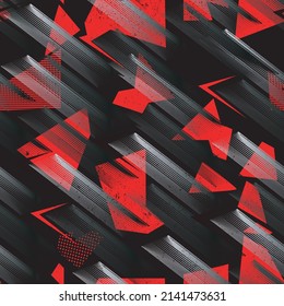 Abstract seamlesse urban pattern. Geometric grunge background with across curved line, arrow, triangles. Grungy style wallpaper. Geometric repeated backdrop for boy, sport textile, clothes.