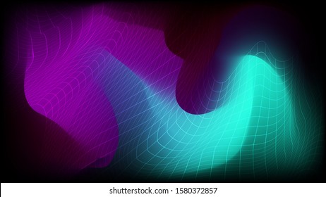 Abstract seamlessly wavy curved grid on a turquoise pink-black background. art wallpaper. vector