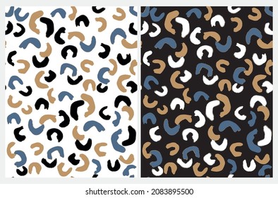 Abstract SeamlesVector Patterns with Hand Drawn Brush Arcs. Black,Gold, Blue and White Spots on a White and Black Background. Irregular Geometric Repeatable Print ideal for Textile, Wrapping Paper.
