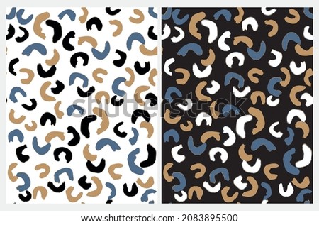 Abstract SeamlesVector Patterns with Hand Drawn Brush Arcs. Black,Gold, Blue and White Spots on a White and Black Background. Irregular Geometric Repeatable Print ideal for Textile, Wrapping Paper.