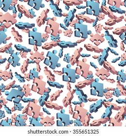 Abstract seanless pattern. Pink and blue elements of puzzles on white background. 3D puzzles. Vector illustration.