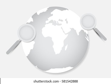 Abstract search engine concept earth and magnifier with white background 