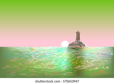 Abstract seascape for background with sunset and lighthouse, vector image.