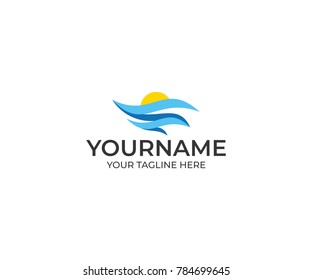 Abstract Seascape and Sun Logo Template. Ocean Vector Design. Travel Illustration