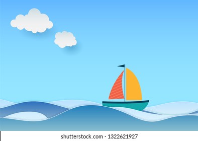 Abstract seascape with waves, boat, blue sky and clouds - vector illustration