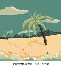 Abstract seascape with white sand, palm trees and mountains. Deserted tropical beach view with human footprints. Modern vector illustration in minimalist retro style