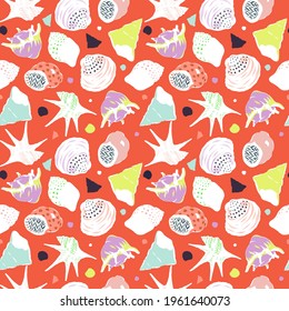 abstract seashell drawing with vibrant colour palette on orange background, japanese kimono surface pattern, textile, fabric design, wallpaper, wrapping paper, gift wrap, holiday vibe, summer, clam