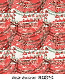 Abstract seashells with corral red triangles.Hand drawn with ink and colored with marker brush seamless background.Creative hand made brushed design.