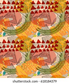 Abstract seashells with red triangles.Hand drawn with ink and colored with marker brush seamless background.Creative hand made brushed design.