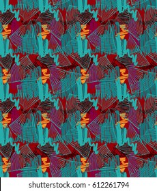Abstract seashells turquoise with red scribbles.Hand drawn with ink and colored with marker brush seamless background.Creative hand made brushed design.