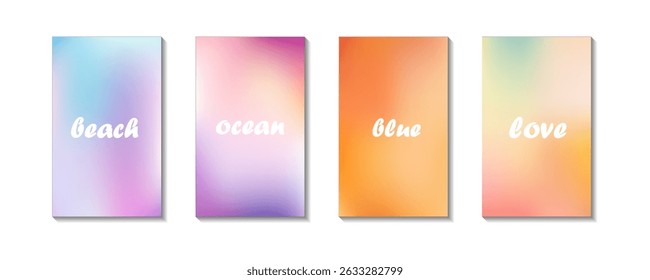Abstract seaside, beach aerial stories set. Ocean landscape top view. Sea waves. Pastel colored vertical vector banner. Blurred sea gradient background. Simple soft light backdrop for social post