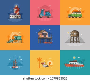 Abstract seaside coast landscapes. Beach resort town places and infrastructure spot illustrations for tourist travel agency UI applications. Summer sea vacation activities concept scenes and cards.