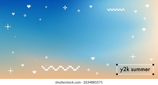 Abstract seaside gradient background with pixel wave and sparkle elements. Blurred sea, ocean landscape vector texture in blue and beige. Y2k retro pattern. Tropical state of mind pastel color wide