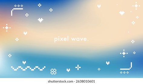 Abstract seaside gradient background with pixel wave and pixelated sparkle elements. Blurred sea wave, ocean landscape vector texture in blue and beige. Y2k inspired 8 bit tropical retro pattern