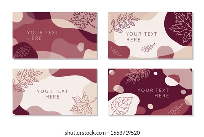 Abstract seasonal backgrounds with place for text set vector illustration. Collection of postcards with lettering space on seasonal background. Poster decorated by autumn leaves