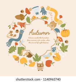 Abstract seasonal colorful template with text in elegant frame and autumn icons on light background vector illustration