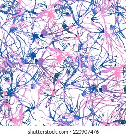 Abstract seasonal seamless background - vector watercolor illustration. Animal tribal print in blue, pink colors and abstract ink splashes with watercolor texture. Foliage, flower watercolor print.
