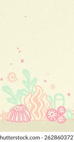 Abstract sea-themed illustration with coral, seaweed, and shells in pastel colors. Ocean-inspired design with coral and seaweed elements, perfect for marine-themed decor. Background  vector.
