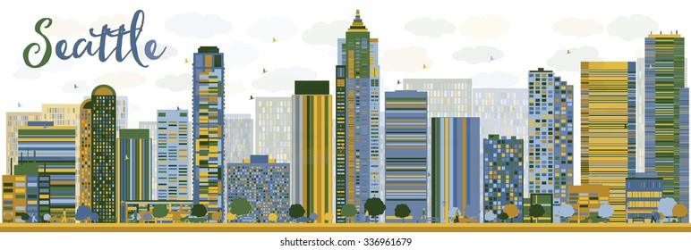 Abstract Seattle City Skyline with color Buildings. Vector Illustration. Business travel and tourism concept with modern buildings. Image for presentation, banner, placard and web site.