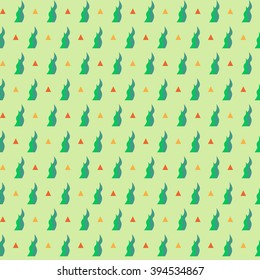 Abstract seaweed or desert succulent plant seamless pattern on green background. Orange triangles, cartoon style. Simple pattern for textile, covers, package, wrapping paper, bags.