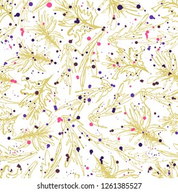 Abstract seaweed underwater vegetation vector seamless pattern in a loose hand drawn style with colorful splatters. Ideal for fabric, home decor, stationery, fashion accessories.