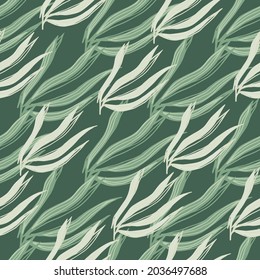 Abstract seaweeds seamless pattern on green background. Marine plants wallpaper. Underwater foliage backdrop. Design for fabric, textile print, wrapping, cover. Vector illustration.