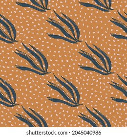 Abstract seaweeds seamless pattern on dots background. Marine plants wallpaper. Underwater foliage backdrop. Design for fabric, textile print, wrapping, cover. Vector illustration.