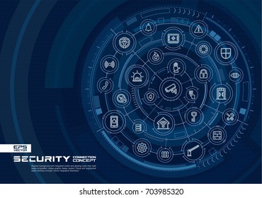 Abstract security, access control background. Digital connect system with integrated circles, glowing line icons. Virtual, augmented reality interface concept. Vector future infographic illustration