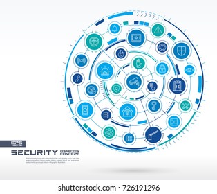 Abstract security, access control background. Digital connect system with integrated circles, glowing line icons. Network system group, interface concept. Vector future infographic illustration