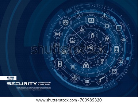 Abstract security, access control background. Digital connect system with integrated circles, glowing line icons. Virtual, augmented reality interface concept. Vector future infographic illustration