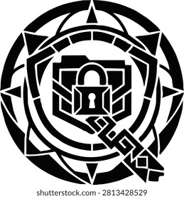 Abstract security icon featuring folder and padlock inside geometric circle