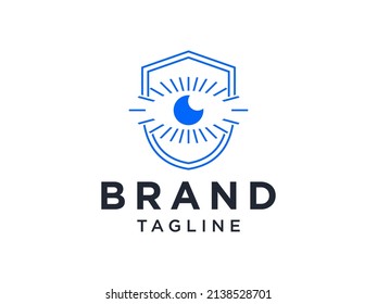 Abstract Security Logo. Blue Shield Icon Linear Style with Eye Lens Camera inside isolated on White Background. Flat Vector Protection Logo Design Template Element.