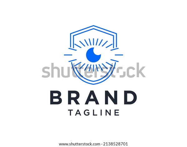 Abstract Security Logo. Blue\
Shield Icon Linear Style with Eye Lens Camera inside isolated on\
White Background. Flat Vector Protection Logo Design Template\
Element.