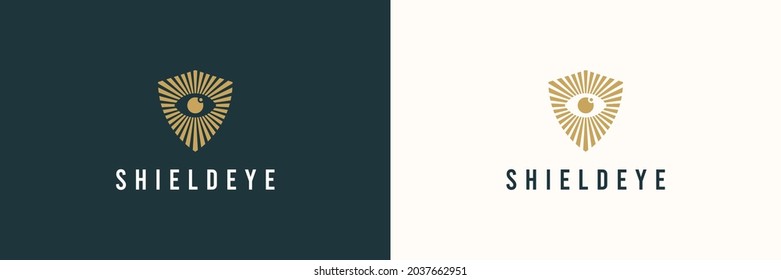 Abstract Security Logo. Gold Shield Linear Geometric Sunburst with Eyeball inside isolated on Double Background. Usable for Business and Technology Logos. Flat Vector Logo Design Template Element.