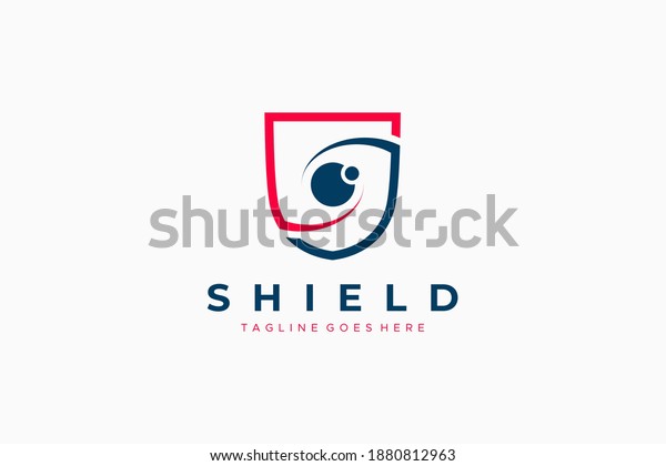 Abstract Security Logo. Red\
and Blue Shield Icon Linear Style with Eye Lens Camera inside\
isolated on White Background. Flat Vector Protection Logo Design\
Template Element.