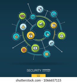 Abstract security, safety access control background. Digital connect system with integrated circles, flat icons, long shadows. Network interact interface concept. Cctv vector infographic illustration