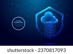 Abstract security shield and glowing blue cloud with binary code in low poly wireframe style. Database security concept on technology background. Futuristic polygonal hologram vector illustration.
