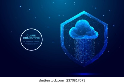 Abstract security shield and glowing blue cloud with binary code in low poly wireframe style. Database security concept on technology background. Futuristic polygonal hologram vector illustration.