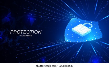 Abstract security shield protection with padlock cyber futuristic symbol light glow effect on blue background vector. Low poly object data protection concept illustration.