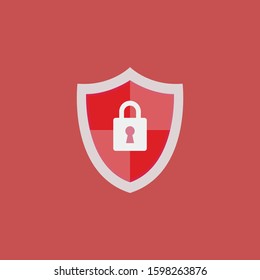 Abstract security vector icon illustration isolated on red background. Shield icon. Lock icon.