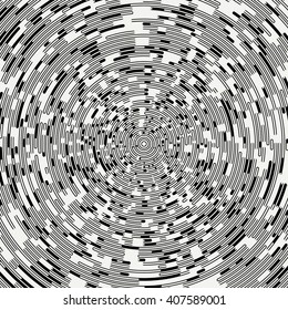 Abstract segmented geometric circle shape. Radial concentric circles. Rings. Swirly concentric segmented circles. Design element. Random lines. Vector illustration. Texture. Background.