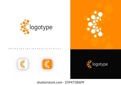 Abstract semi circle, molecular logo with dynamic fluid dots, symbolizing innovation, technology, and networking. Ideal for science, biotech, media, and digital startups. Modern vector logo concept
