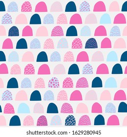 Abstract semi circles seamless patten. Cartoon geometric background. Modern geometrical art in childish style. Hand drawn vector illustration for wallpaper, textile, fabric design
