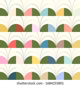 Abstract semicircle and curve lines seamless pattern. Creative colorful retro vector illustration style. Concept for background, decoration, invitation card, banner.