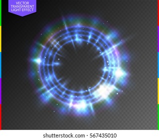 Abstract semitransparent blue light neon line glowing ring with colorful spotlight and spark. Magic sparkling portal on transparent background. Glow translucent special effect