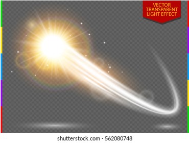 Abstract semitransparent vector magic glow star trail light effect with neon blur curved line shoots up. Sparkling translucent comet bokeh. Special white christmas effect on transparent background