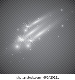 Abstract semitransparent vector magic glow star trail light effect with neon blur curved line shoots up. Sparkling translucent comet bokeh. Special white christmas effect on transparent background